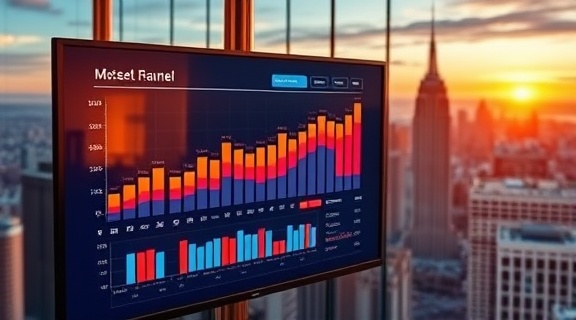 dynamic media channel results, successful, generating, photorealistic, digital dashboard on a skyscraper monitor overlooking a city, highly detailed, rising bar charts and growth indicators, crisp resolution, warm tones, dramatic sunset lighting, shot with a tilt-shift lens.