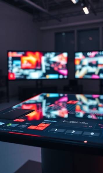 dynamic mediachannel content, expressive, creating digital media, photorealistic, creative studio environment, highly detailed, interactive displays and touchscreen tables, 8K resolution, vibrant colors, soft backlight, shot with a macro lens.