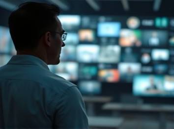 integrated mediachannel ecosystem, contemplative, managing diverse media streams, photorealistic, interconnected digital platforms, highly detailed, seamless data flow on transparent interfaces, cinematic clarity, pastel palette, strategic spotlight, shot with a tilt-shift lens.