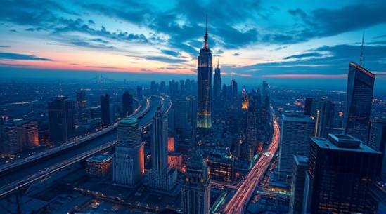 progressive mediachannel digital, visionary, transforming media landscapes, photorealistic, futuristic metropolitan skyline, highly detailed, virtual reality elements, AI-enhanced graphics, iridescent hues, twilight ambiance, shot with an anamorphic lens.