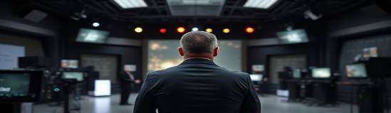 elite mediachannel authority, assertive, directing media narratives, photorealistic, high-tech broadcasting center, highly detailed, holographic teleprompters, ultra fast shutter speed, sleek black and white, sharp studio lights, shot with a zoom lens.