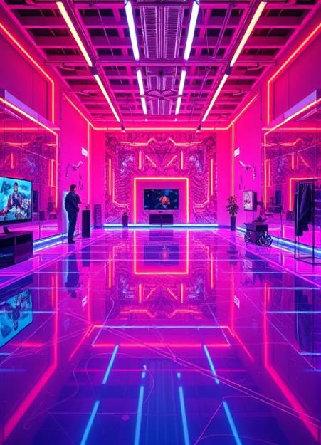cutting-edge media innovation, inspired look, creating breakthrough ideas, photorealistic, open studio with smart interactive surfaces, highly detailed, digital synthesis, crisp clarity, futuristic neon tones, high-key lighting, shot with a 50mm prime lens.