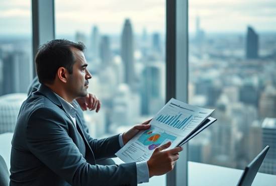 strategic media strategy, contemplative expression, analyzing market data, photorealistic, conference room overlooking a cityscape, highly detailed, dynamic infographics, ultra-realistic, corporate cool palette, afternoon natural light, shot with a 24-70mm zoom lens.