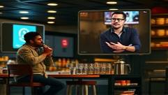 engaging media engagement, animated discussions, interacting with social media content, photorealistic, coffee shop with a vibrant urban atmosphere, highly detailed, live feed projections, 4k resolution, social media branding colors, overhead natural lighting, shot with an 85mm lens.