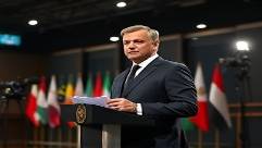 high-profile media visibility, confident pose, presenting at a press event, photorealistic, press conference hall with global flags, highly detailed, media cameras and flashes, sharp detail, professional monochrome suit, dramatic stage lighting, shot with a 70-200mm telephoto lens.