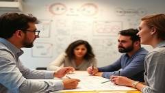 dynamic media creativity, energetic demeanor, collaborating in a creative think tank, photorealistic, startup office with idea walls, highly detailed, sketches and diagrams in motion, ultra-def clarity, vibrant creative hues, diffused track lighting, shot with a 24mm wide-angle lens.