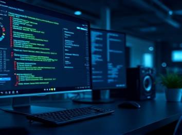 integrated SEO value, analytical, improving rankings, photorealistic, tech hub desk with code and graphs, highly detailed, algorithmic representations, high clarity, cool blue and green tones, ambient lighting, shot with a 50mm lens.