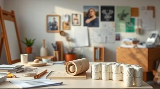 comprehensive media branding, creative, crafting visual identity, photorealistic, design studio with sketches and digital work, highly detailed, evolving designs, sharp detail, pastel shades, diffused daylight, shot with a 28mm lens.