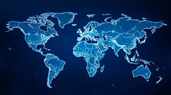 global media network, expansive and interconnected, showcasing worldwide reach, photorealistic, backdrop of a world map and network nodes, highly detailed, dynamic connections illuminating across the map, ultra-high-definition, cool blue tones, bright studio lighting, shot with a Sony FE 24-105mm f/4 G OSS lens.