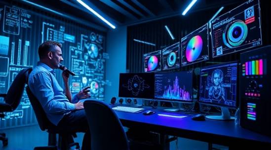 innovative media digital, sleek and sophisticated, facilitating a digital transformation, photorealistic, modern workspace with futuristic gadgets, highly detailed, dynamic holographic displays, 8K clarity, vibrant spectrum colors, crisp LED lighting, shot with a Sigma 18-35mm f/1.8 DC HSM Art lens.