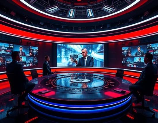innovative media broadcast, engaging and immersive, covering breaking news, photorealistic, futuristic news studio with digital screens, highly detailed, animated news ticker, 30 MP quality, deep reds and blues, dramatic key lighting, shot with a Fujifilm XF 16-55mm f/2.8 R LM WR lens.