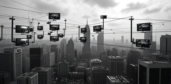 comprehensive media network, detailed and robust, connecting various media streams, photorealistic, technological infrastructure against a metropolitan skyline, highly detailed, visual data streams floating mid-air, cinematic quality, monochrome highlights, reflective surface lighting, shot with a Panasonic Lumix S PRO 16-35mm f/4 lens.