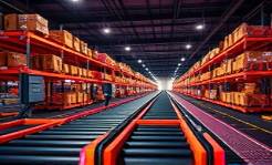 efficient media distribution, innovative and organized, optimizing content flow, photorealistic, hi-tech logistics center with moving conveyor belts, highly detailed, glowing digital logistics map, HDR quality, neon-like color accents, LED strip lighting, shot with a Zeiss Otus 28mm f/1.4 lens.