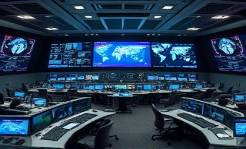 extensive media network, powerful and strategic, covering global communications, photorealistic, integrated control room with multiple screens, highly detailed, real-time data and analytics displayed, 60 MP clarity, neutral gray tech theme, balanced overhead lighting, shot with a Nikon Z 24-70mm f/2.8 S lens.