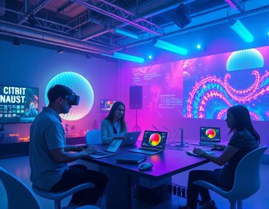 emergent media digital, vibrant and transformative, redefining digital content, photorealistic, creators collaborating in a panoramic digital studio, highly detailed, 3D models and VR elements in play, 10-bit color precision, dynamic color gradients, immersive lighting effects, shot with a Canon EF 16-35mm f/2.8L III USM lens.