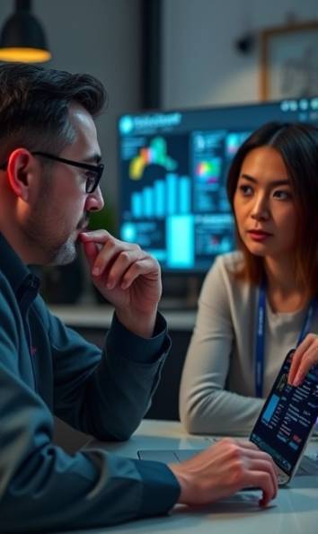 strategic social syndication, thoughtful, discussing, photorealistic, digital workspace with devices syncing, highly detailed, streaming data overlays, macro lens, modern, ambient lighting, shot with a Nikon 105mm lens.