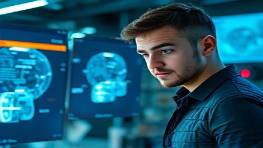 innovative media developer, curious expression, examining holographic display, photorealistic, futuristic tech lab with neon accents, highly detailed, interactive holograms, 85mm lens, cool tones, ambient lighting, shot with a Nikon 85mm f/1.4G lens.