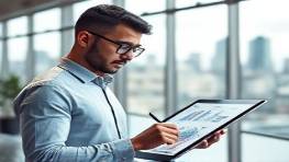 strategic media consultant, focused look, drafting plans on a digital tablet, photorealistic, sleek modern office with city skyline view, highly detailed, animated digital graphs, 35mm lens, neutral colors, diffused lighting, shot with a Sigma 35mm f/1.4 Art lens.