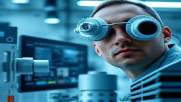 cutting-edge media technologist, analytical gaze, operating advanced machinery, photorealistic, high-tech lab with computers and gadgets, highly detailed, digital interfaces, 105mm lens, metallic shades, overhead lighting, shot with a Tamron 90mm f/2.8 Di lens.