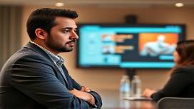 dynamic media strategist, pensive expression, pitching ideas to a team, photorealistic, boardroom with interactive whiteboard, highly detailed, vibrant presentations, 24mm lens, warm tones, studio lighting, shot with a Canon RF 24-70mm f/2.8L lens.