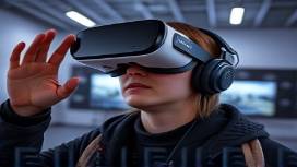 media technology pioneer, inquisitive expression, exploring virtual reality, photorealistic, immersive VR studio with motion sensors, highly detailed, virtual environments, 50mm lens, monochromatic color scheme, low-key lighting, shot with a Sony FE 50mm f/1.8 lens.