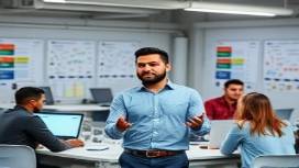 progressive media strategist, enthusiastic demeanor, leading a brainstorming session, photorealistic, open-space office with collaborative workstations, highly detailed, whiteboards filled with ideas, 28mm lens, vibrant colors, natural lighting, shot with a Canon EF 28mm f/1.8 USM lens.